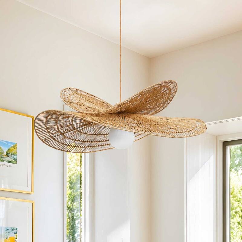 Whisper Rattan Pendant Light Natural Large Sculptural 1-Light Handwoven Light Fixture For Modern, Coastal, Farmhouse Room Décor.