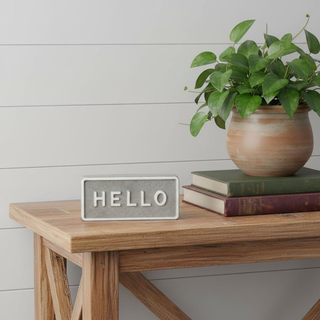 HomeRoots 4" Gray And White Galvanized Metal Hello Hand Painted Tabletop Sign - 8.62 in. x 4.00 in. x 1.38 in.