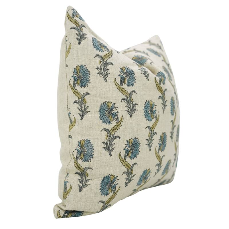 Fabdivine Blue Floral 14x20 Inch Handmade Block Print Pillow Cover Rectangle Soft Pure Linen Home or Room Décor, Daffodil