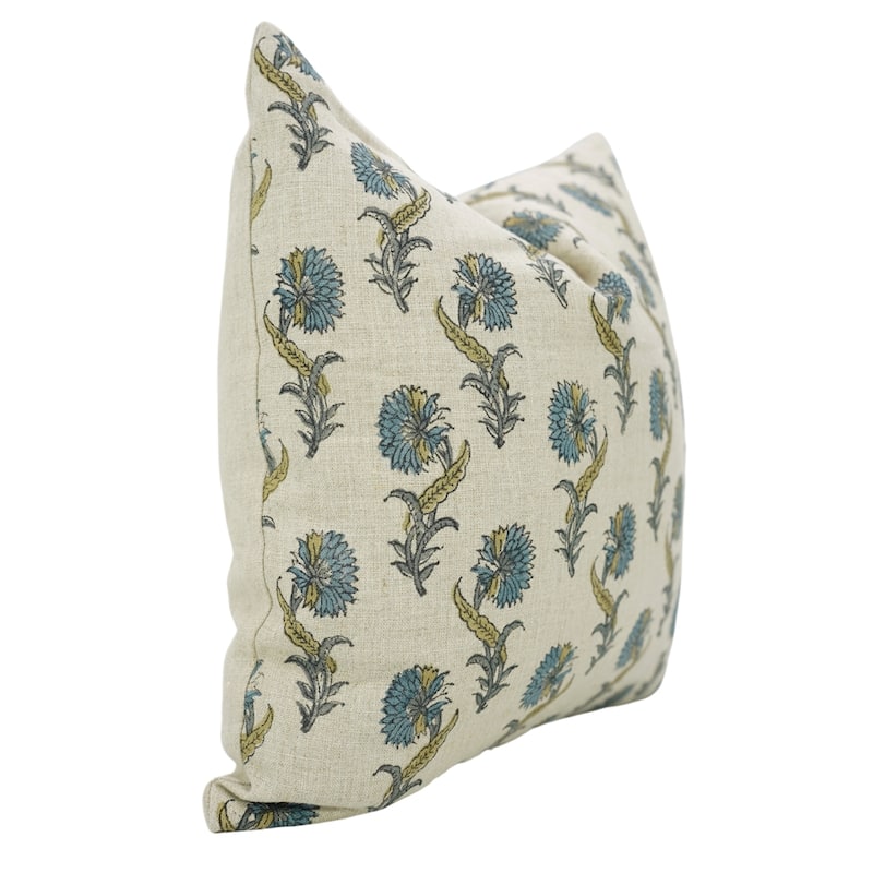 Fabdivine Blue Floral 16x16 Inch Handmade Block Print Pillow Cover Square Soft Pure Linen Home or Room Décor, Daffodil