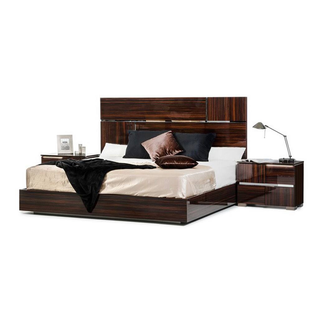 Cass King Size Platform Bed, Silver Accent Headboard, Ebony Brown Lacquer