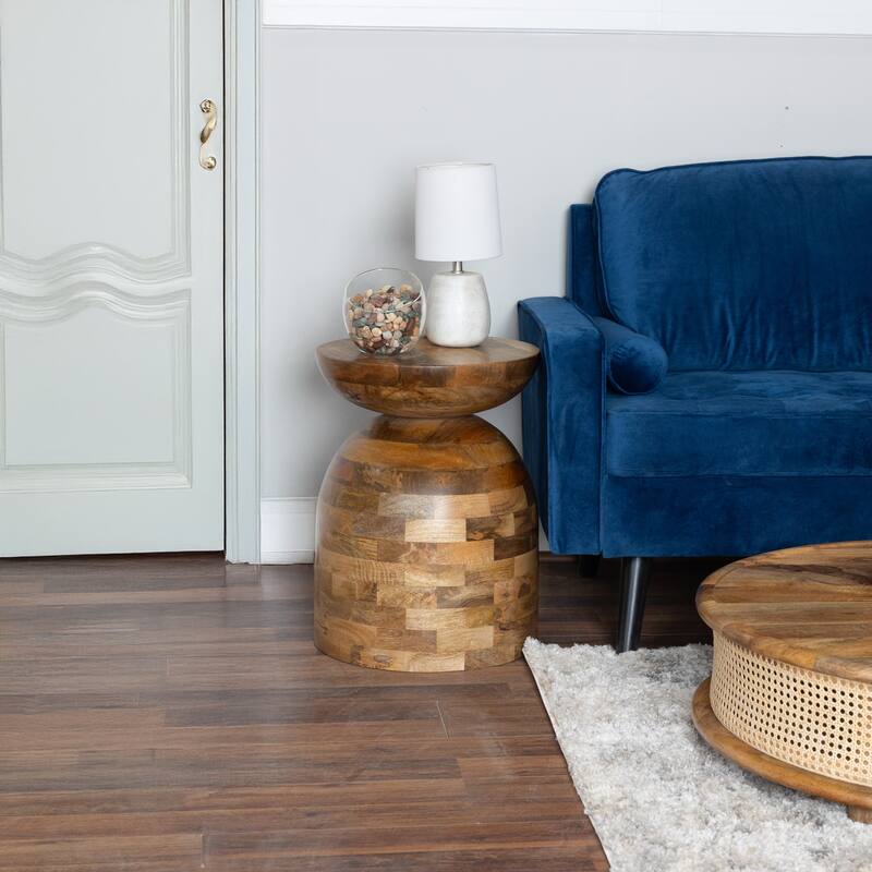 Mango Wood Round Side Table - 16" Accent Table with Patchwork Tile Design - Natural Finish, Assembled