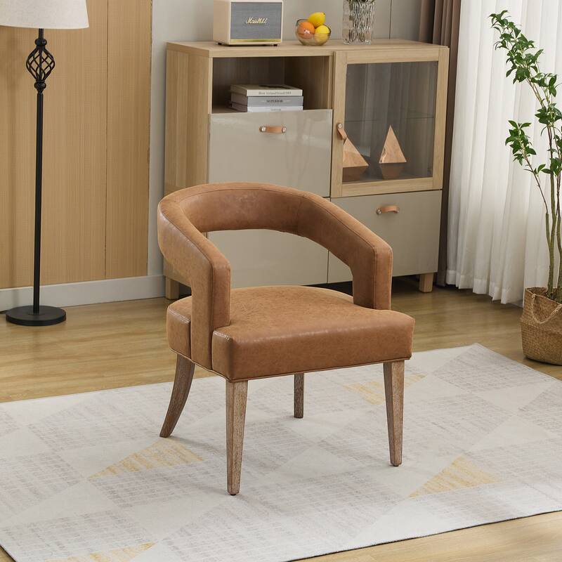 Roomfitters Barrel Accent Chair, Open Back Upholstered Dining Chair with Weathered Wood Legs for Dining Room or Living Room - Brown