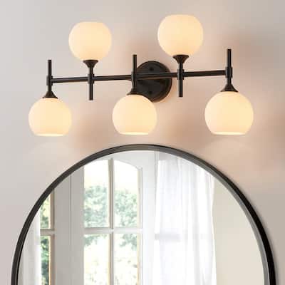 KAWOTI 5-Light Dimmable Bathroom Vanity Light with Frosted White Glass - L27.75" * H13"