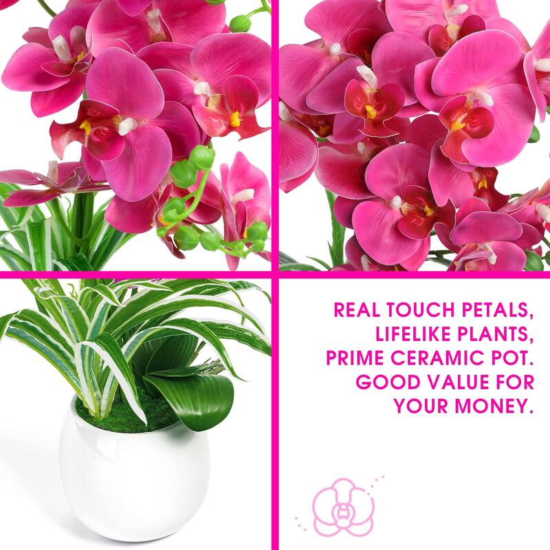 Artificial Orchid Plants and Flowers with Vase, Fake Faux Orchid in Ceramic Pot,19", Fuchsia