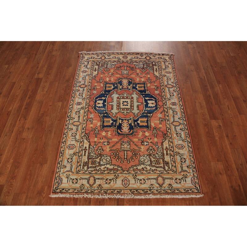 Orange Heriz Serapi Vegetable Dye Accent Rug Handmade Wool Carpet - 3'2"x 4'8"