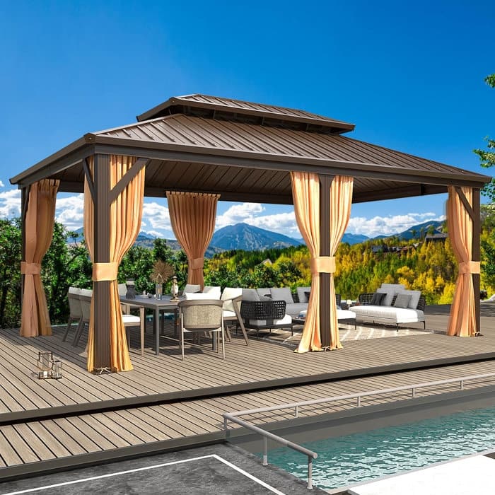 Erommy Hardtop Gazebo with Aluminum Frame and Double Roof, Permanent Outdoor Gazebo Includes Curtains&Netting for Patio Backyard