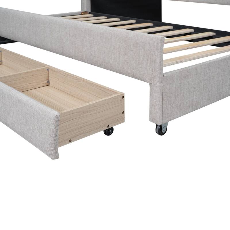 Twin Size Upholstered Daybed with Trundle and Three Drawers in Beige