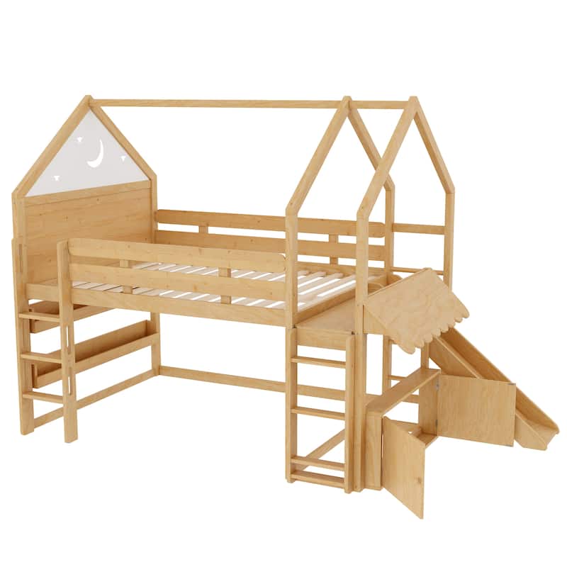Twin Loft Bed with Slide, Bookshelf & House-Shaped Design for Kids