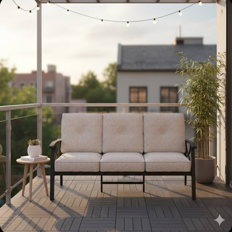 70" Metal 3-Seat Patio Sofa, Khaki Frame with Beige Cushions