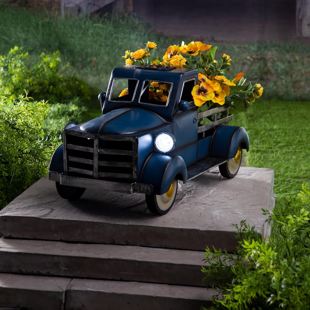 Vintage Style Pickup Truck Garden Accent With Solar Headlights