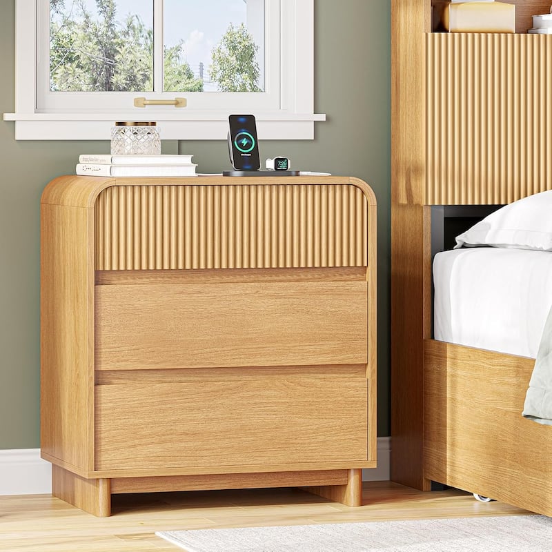 Fluted Nightstand with Charging Station 3 Drawers Dresser End Table - Oak