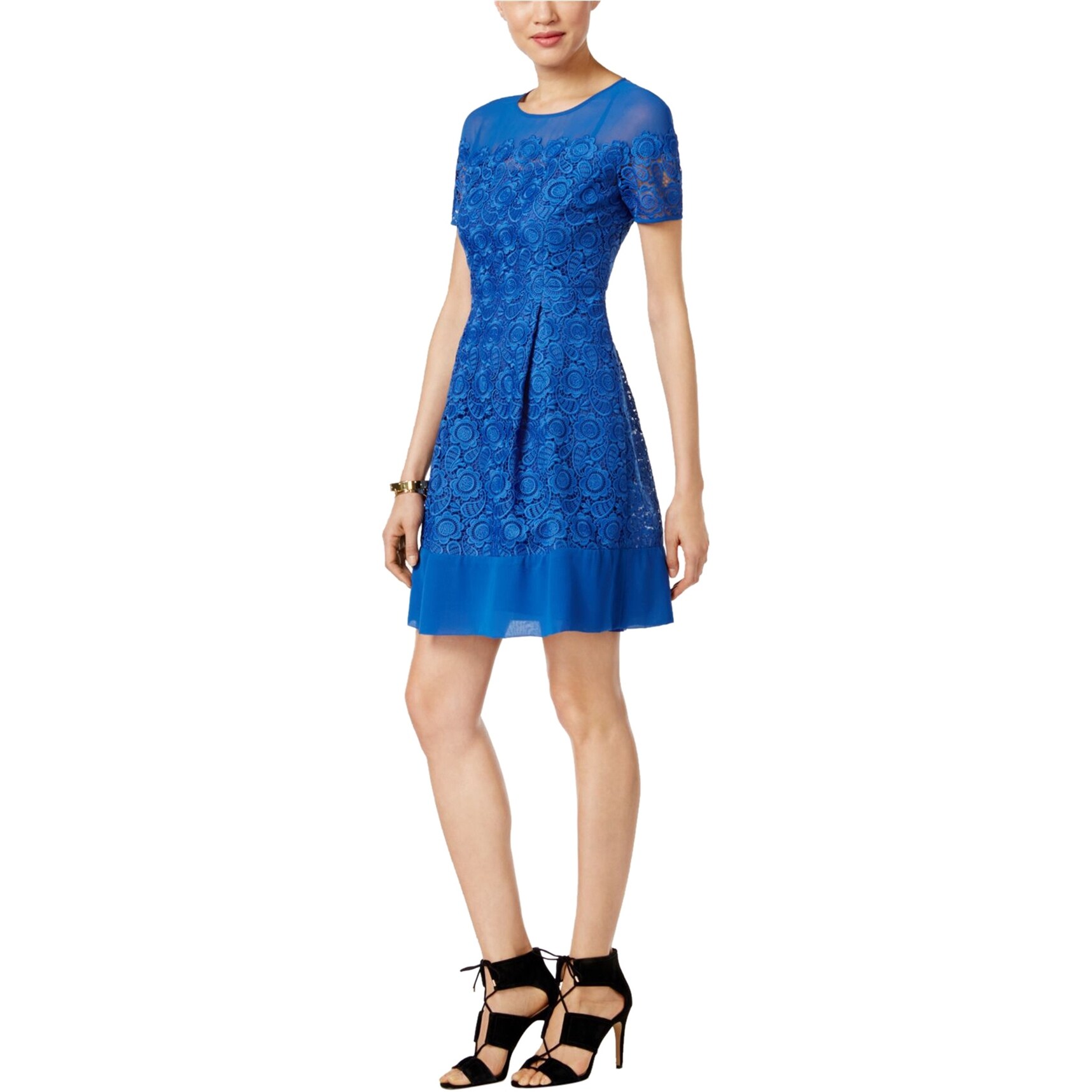 blue lace fit and flare dress