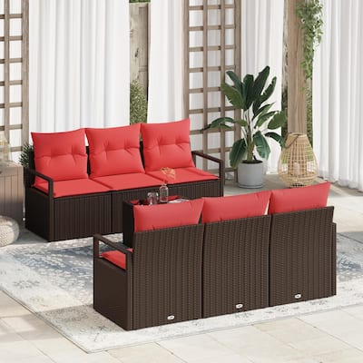 vidaXL 7 Garden Sofa Set with Cushions Black/Brown/Grey Poly Rattan - 68.9 x 24.4 x 27.2