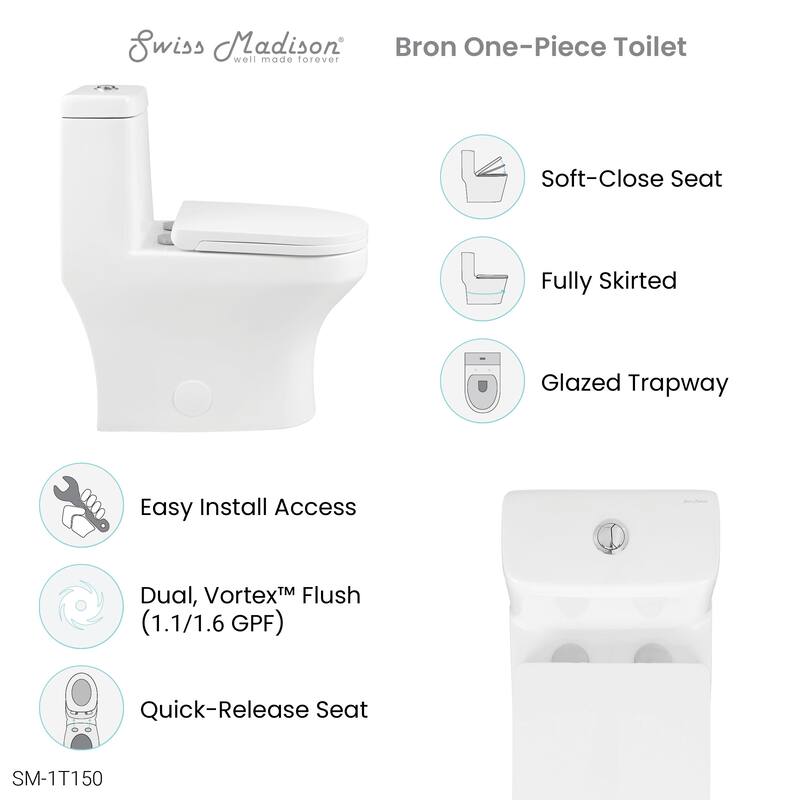 Bron One-Piece Elongated Toilet Dual Vortex Flush 1.1/1.6 gpf