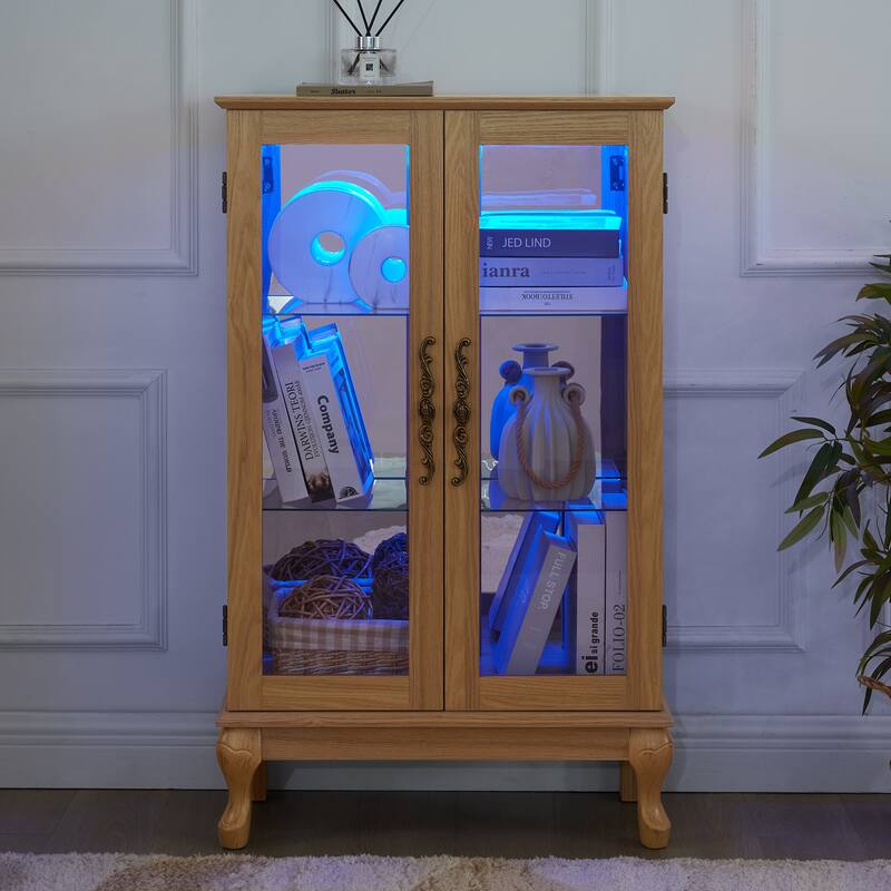 Elegant Light Oak Curio Cabinet Tempered Glass LED Light Mirrored Back Adjustable Shelves