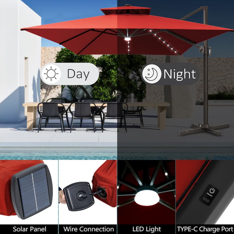 Pellebant 10x13 FT Outdoor Patio Double Top Cantilever Umbrella Solar LED Lighted with 4 Piece Square Offset Umbrella Base