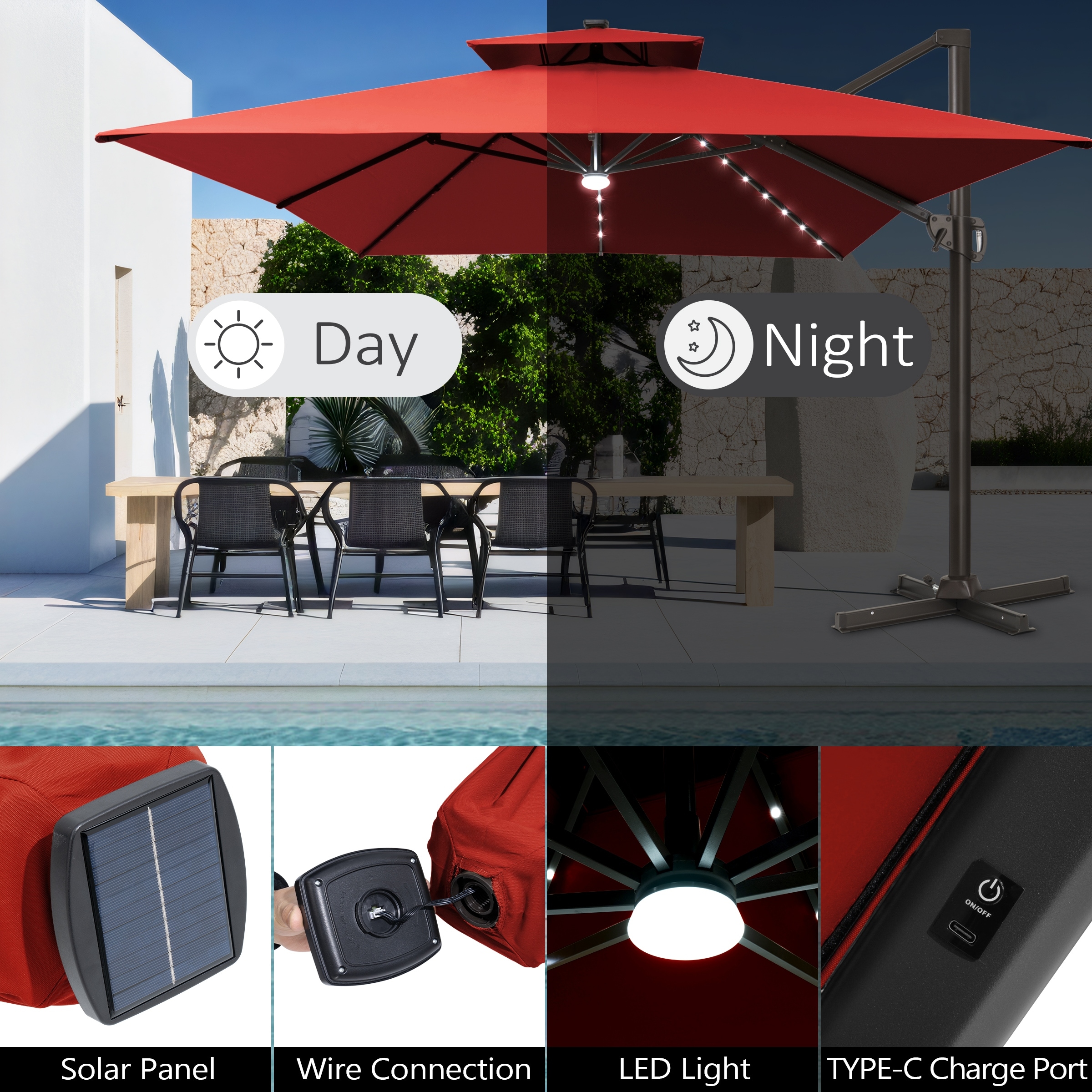 cantilever patio umbrella with solar panel on top HOMSHADE 10FT LED Base Included, Beige This elegant outdoor umbrella revolutionizes patio living with its dual Lucent 10' Cantilever Patio Umbrella