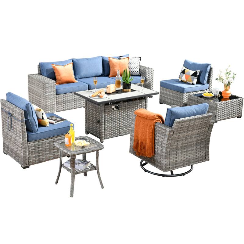 HOOOWOOO 9-piece Wicker Outdoor Modular Wide Armrest Sectional Set Fire Pit Set