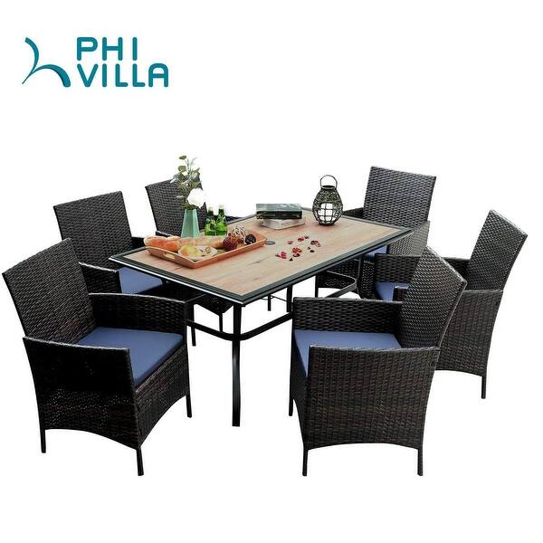 slide 10 of 9, PHI VILLA Dining Set of 7 Wicker Chairs and Wood Top Table with 1.56" Umbrella Hole and Steel Frame Dark Brown - 7-Piece Sets