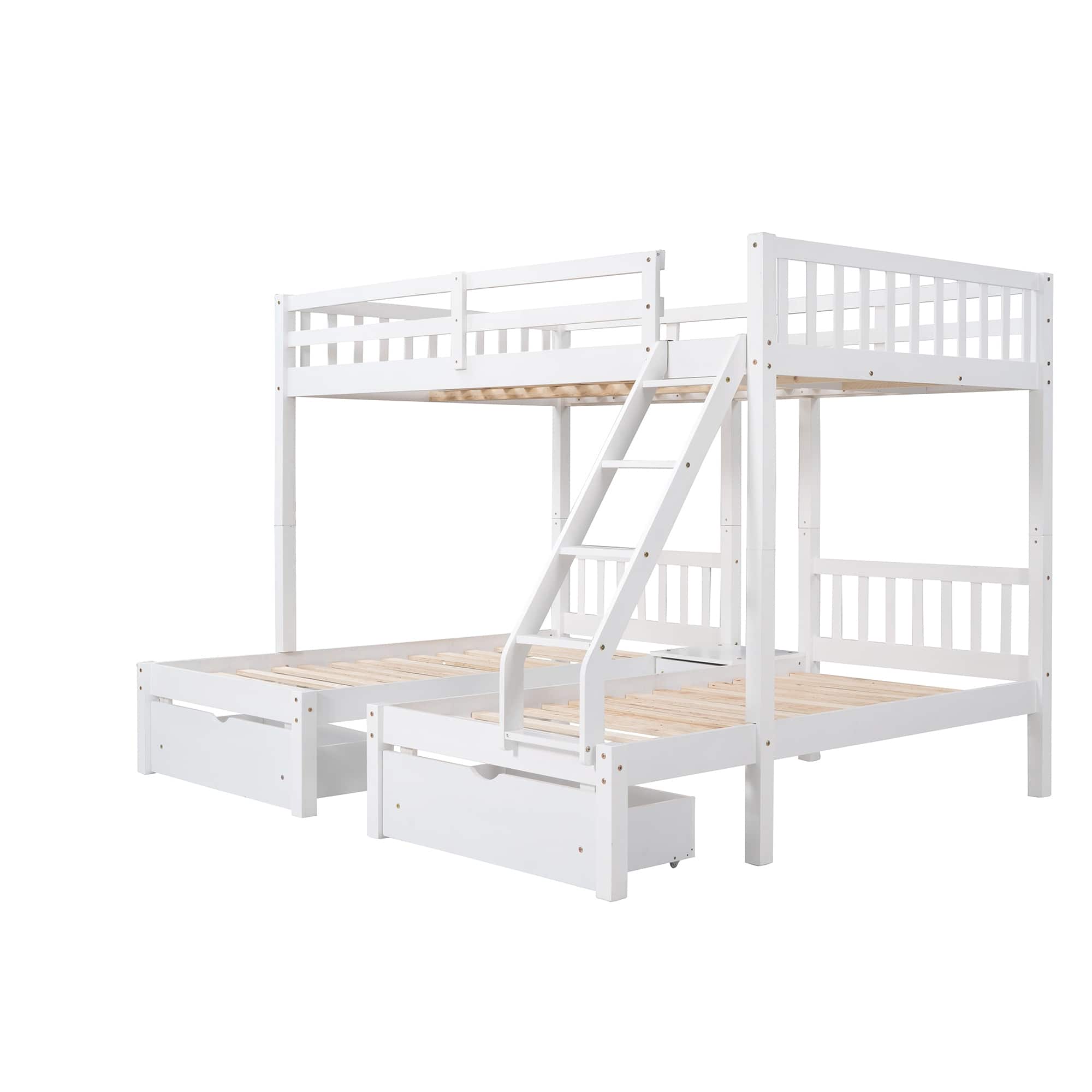 Full Over Twin Wood Triple Bunk Bed w/ Twin Size Upholstered Bed Frame