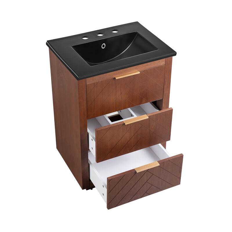 Daxton 24 In. Brown Walnut Bathroom Vanity With Black, 3-Hole Ceramic Sink Top