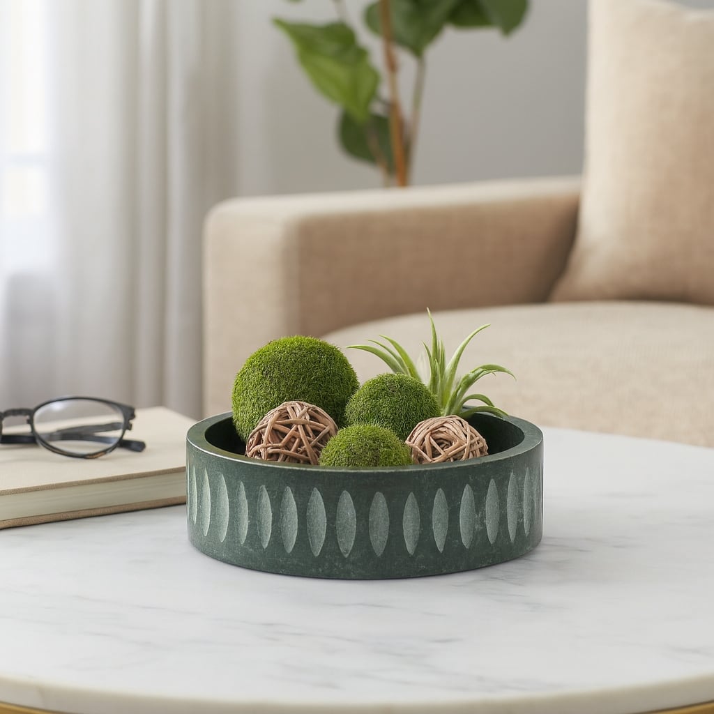 Decorative Marble Bowl with Edge Pattern - Home Decor - 12", Green - 12.0"