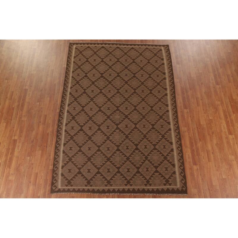 Hand Woven Oriental 100% Wool Carpet Southwestern Geometric Brown Kilim Area Rug - 9' 9'' X 6' 8''