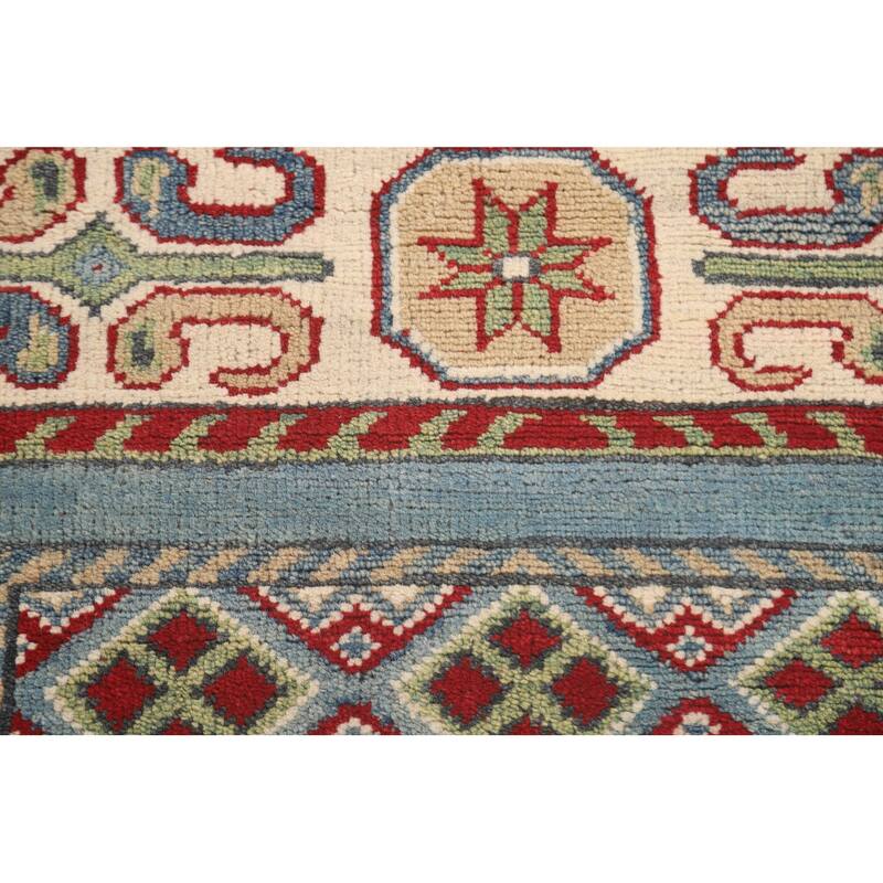 Blue Geometric Kazak Runner Rug Hand-Knotted Traditional Wool Carpet - 3'4" x 16'4"