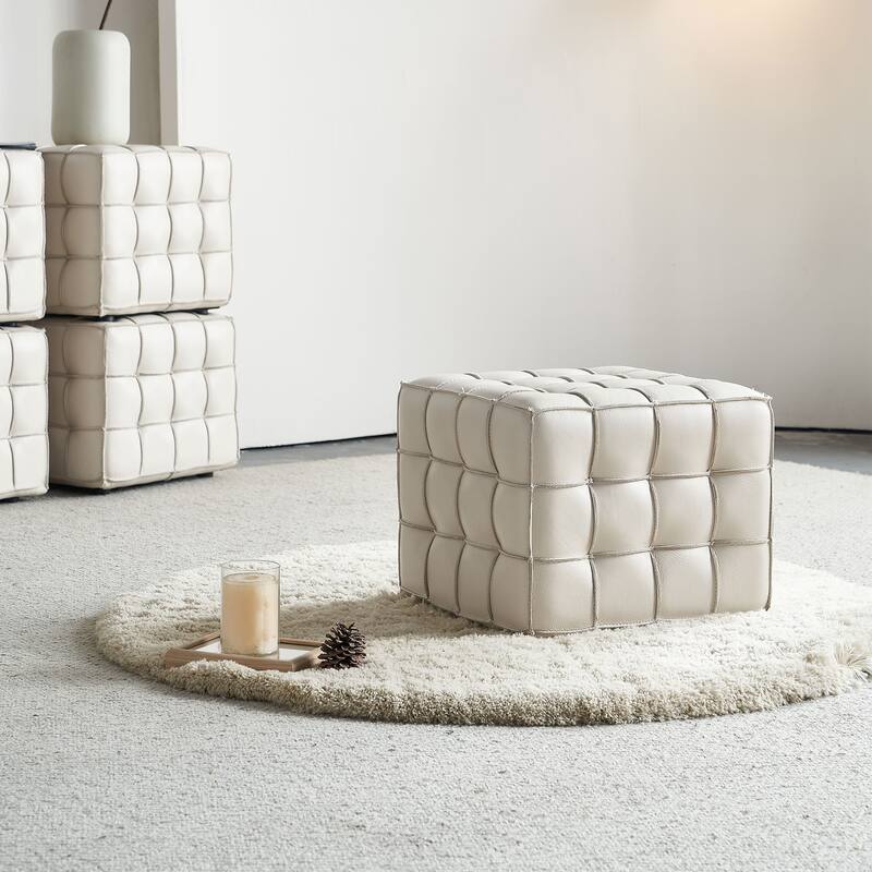 Genuine Leather Tufted Ottoman, High-density Foam Square Footstool, Upholstered Shoe Stool for Living Room, Bedroom