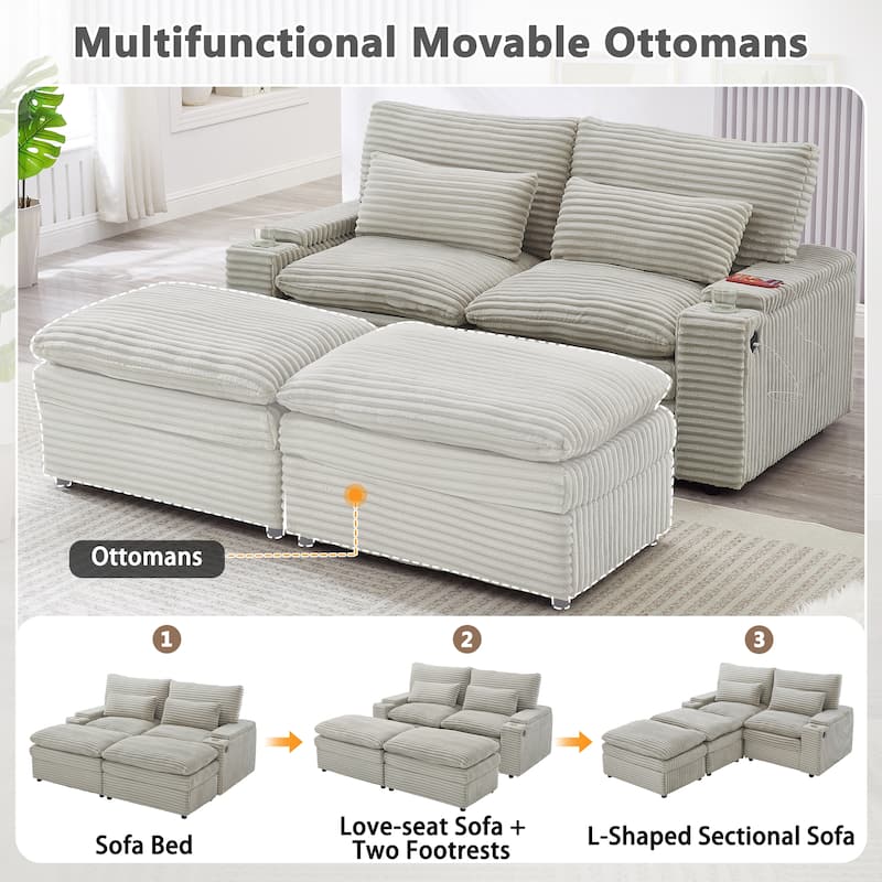 Roomfitters 70.9-Inch Loveseat Sofa, Convertible Sectional Sofa Bed with Storage, 2 Movable Ottomans