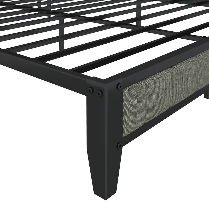 Queen Size Bed Frame with Charging, Upholstered Headboard, Metal Platform, Grey