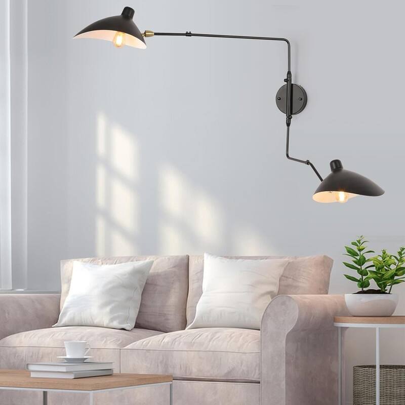 Modern Swing Arm Wall Sconce Plug in 2-Lights Black Wall Lights -  black
