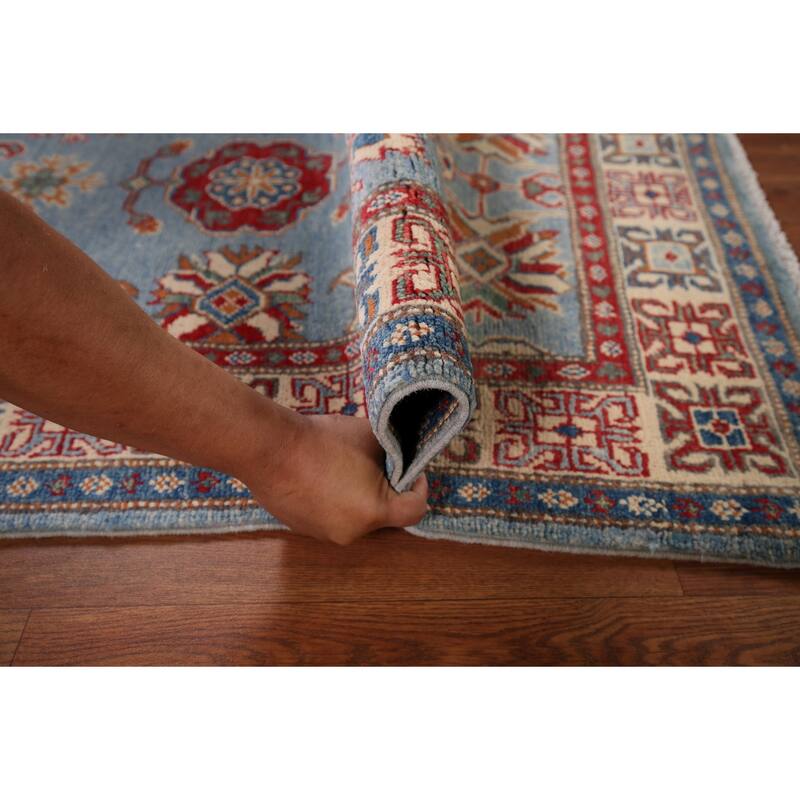Light Blue Geometric Kazak Accent Rug Hand-Knotted Wool Carpet - 2'11" x 4'11"