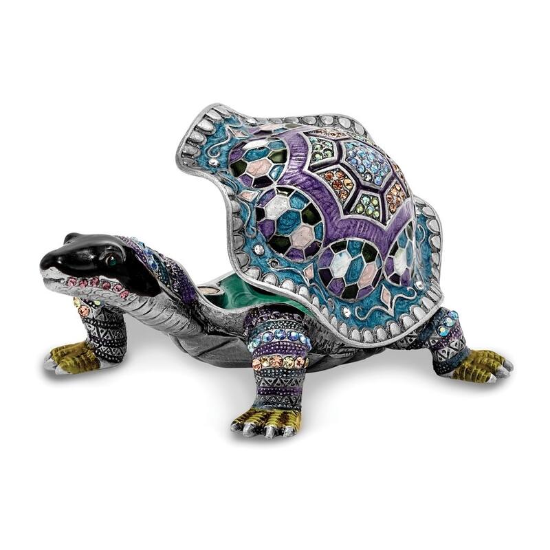 Curata Pewter Bejeweled Crystals Pewter-Tone Enameled Amazing Azure Turtle Trinket Box on 18 Inch Necklace