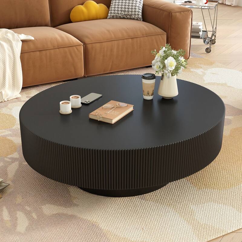 Round Coffee Table with 6.8" Thick Tabletop, Modern Drum End Table, Minimalist Fluted Center Table with Sturdy Base