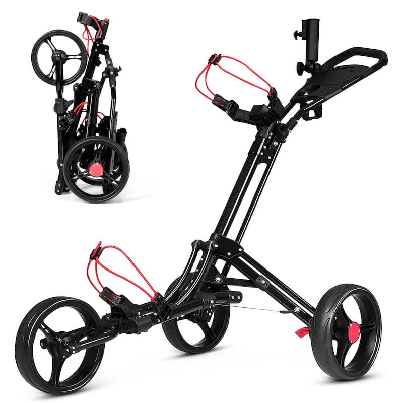 Costway Foldable 3 Wheel Steel Golf Pull Push Cart Trolley Club w/ - See Details - See Details - Multi