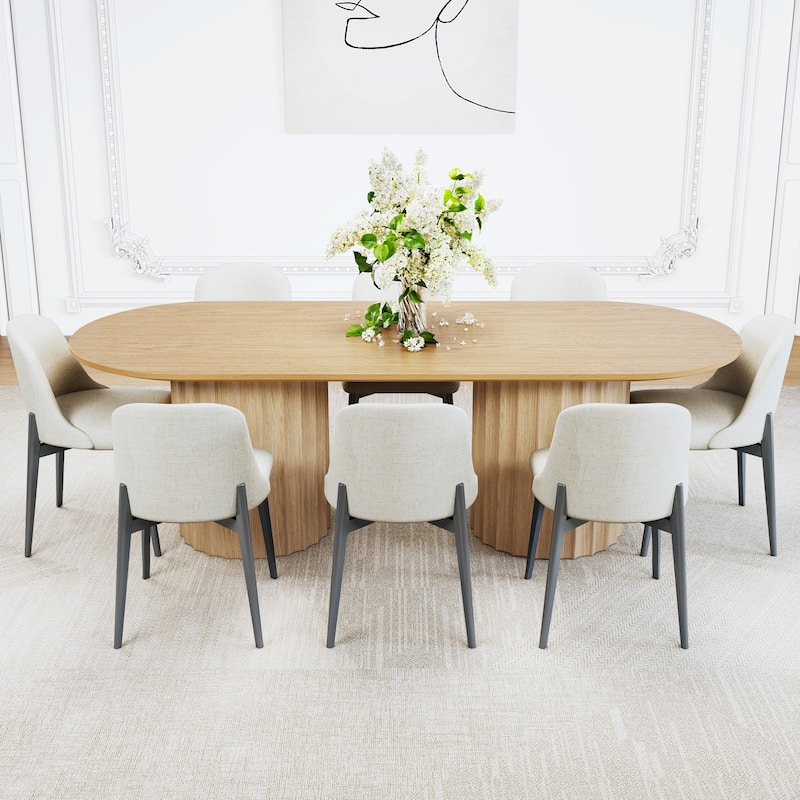 86" Modern Oval Dining Table Set with 8 Upholstered Chairs Black Textured Wood Top & Dual Cylindrical Pedestal Base - Natural