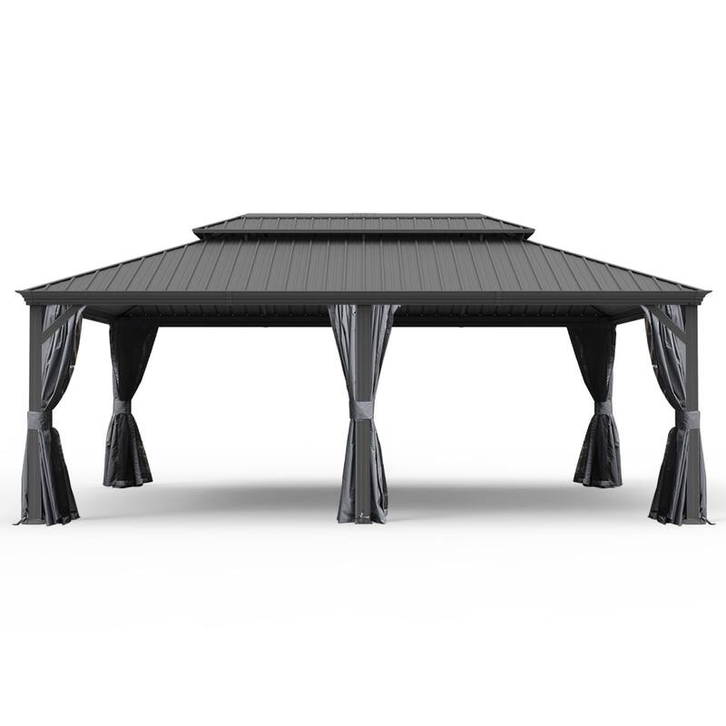 14' X 22' Hardtop Gazebo with Drainage System, Galvanized Steel Roof, Curtains & Netting for Outdoor Patio, Garden Shelter - Grey