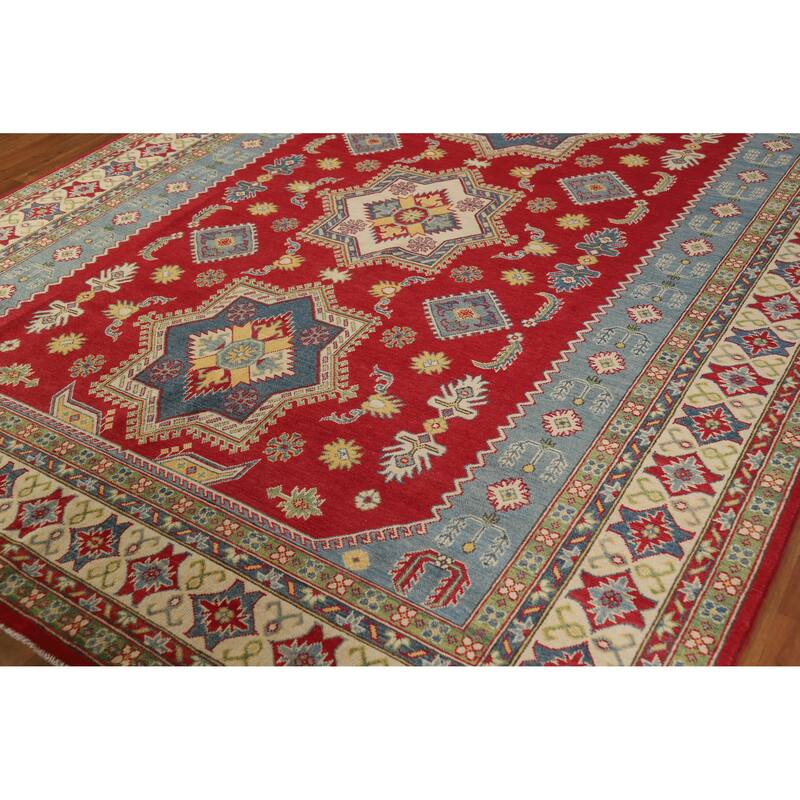 Hand Knotted Oriental 100% Wool Carpet Traditional Geometric Red Kazak Area Rug - 10' 2'' X 8' 0''