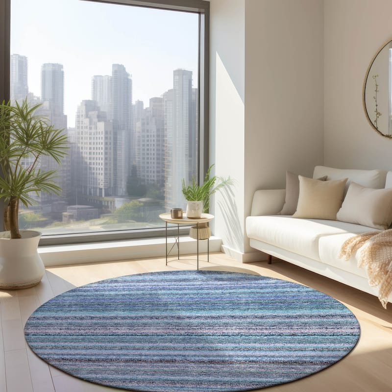 Machine Washable Indoor/ Outdoor Chantille Stripes Rug - Sky - 8' x 8'