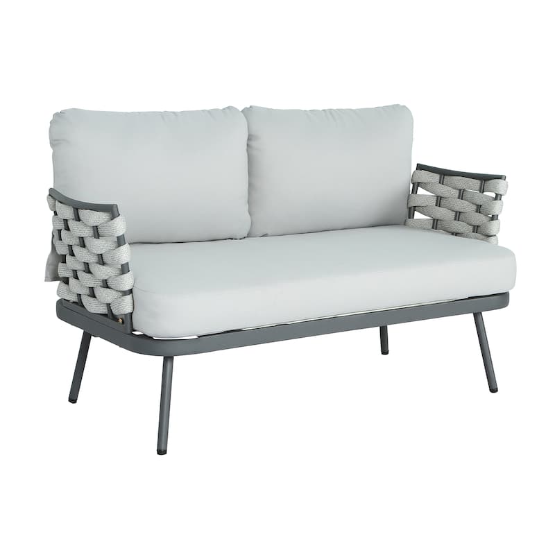 Roomfitters Steel Loveseat with Woven Rope Arms and Coffee Table