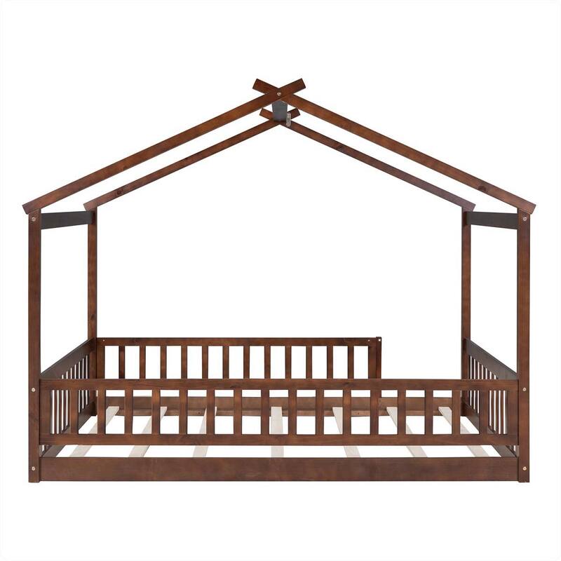 Full Size Wood Bed House Bed Frame with Fence