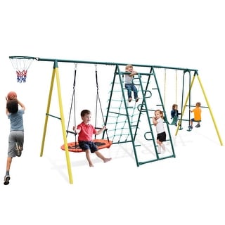 6 in 1 Outdoor Backyard Children Metal Swing Set for Kids Age 3 Up