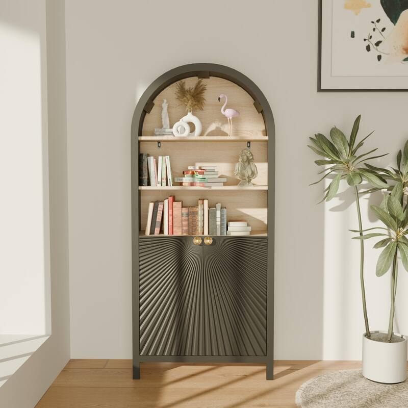 61" Tall Arched Bookcase Cabinets, Wood Bookcase with Storage, Mid-Century Modern 5-Tier Bookshelf with Door, Open Shelves