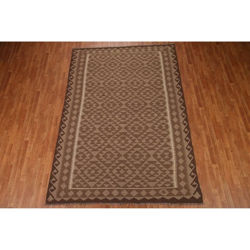 Brown Kilim Geometric Area Rug Flat-weave Wool Carpet - 6'11"x 10'0"