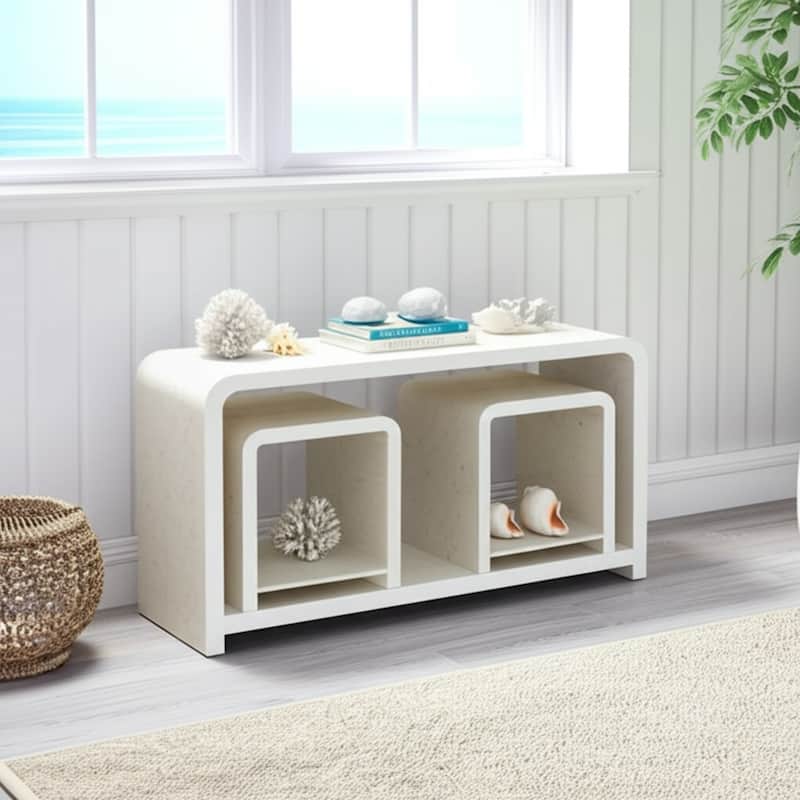 Wood Shell Console Table Coastal Curved Design (Set of 3) - 30" Ivory - 47" x 19" x 29.5"