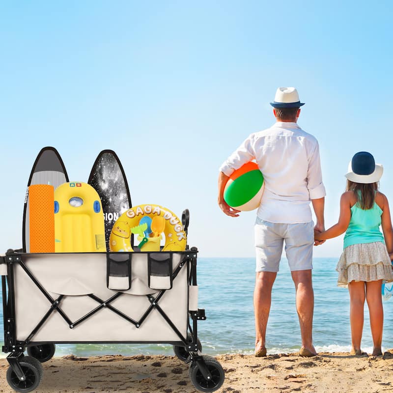 Foldable Wagon With Extended Tailgate, Extra Long Extender Wagon Cart,Beach Wagon Cart Heavy Duty