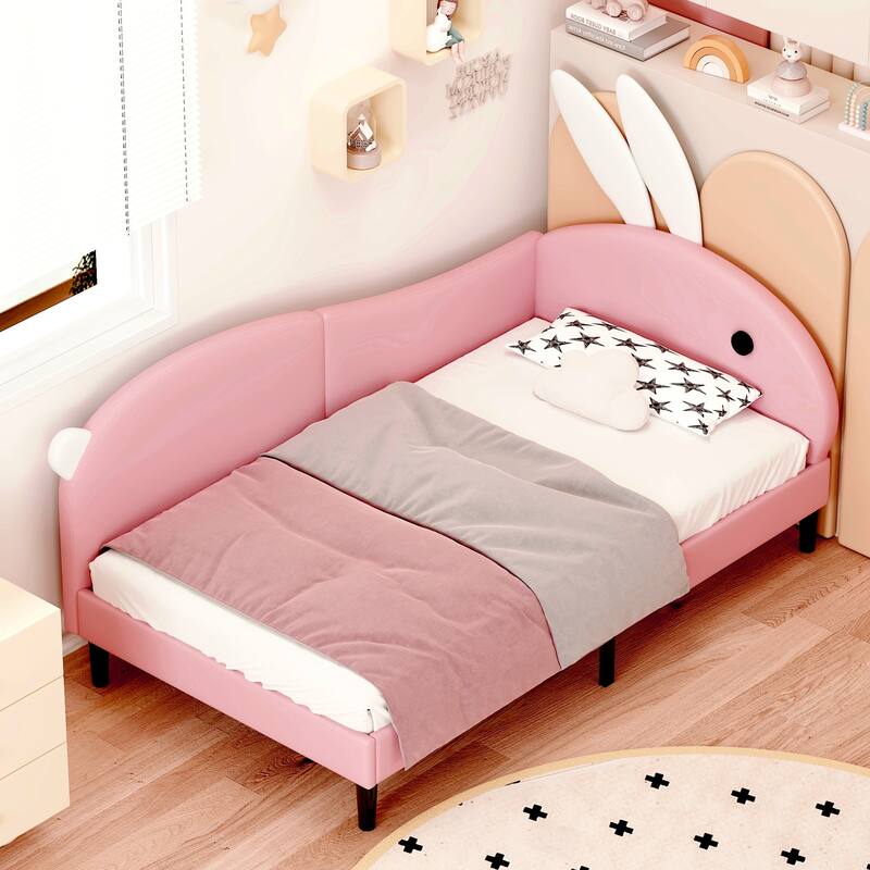 Twin Size Upholstered Rabbit-Shape Daybed with Playful Rabbit Ear Headboard, Soft Pink Sofa Bed for Kids and Teens
