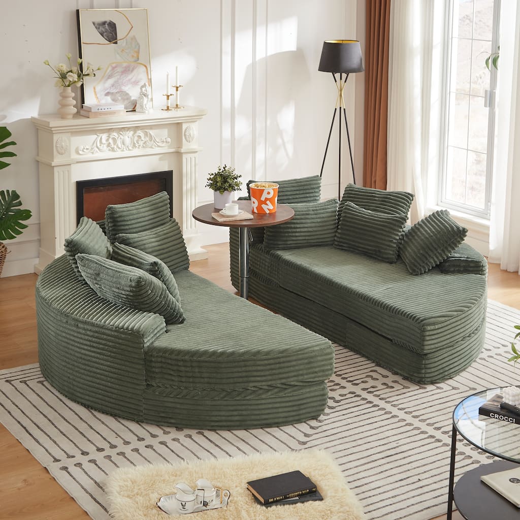 Roomfitters 78.5" Round Oversized Recliner, Ribbed Corduroy Modular Convertible Sleeper Sofa with Pillows for Living Room